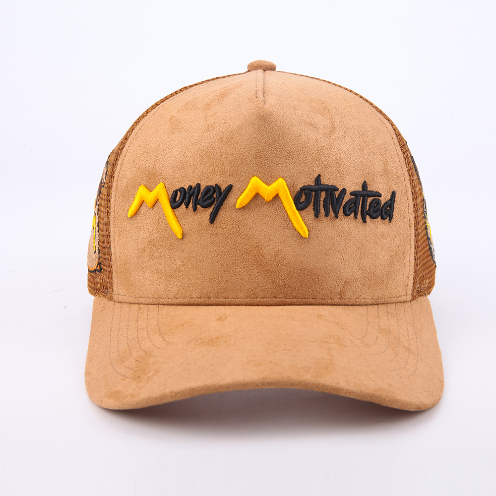 Vintage Red Brown Black Suede Mesh Trucker Hat with Embroidered Graphic Logo Streetwear Cap