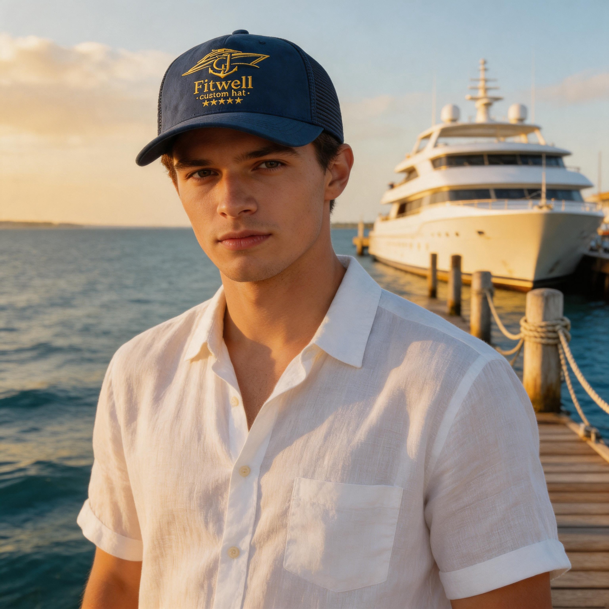 Wholesale Custom Logo Mesh Trucker Hat, Navy Blue Sailing Style, Curved Brim Breathable Outdoor Sports Cap