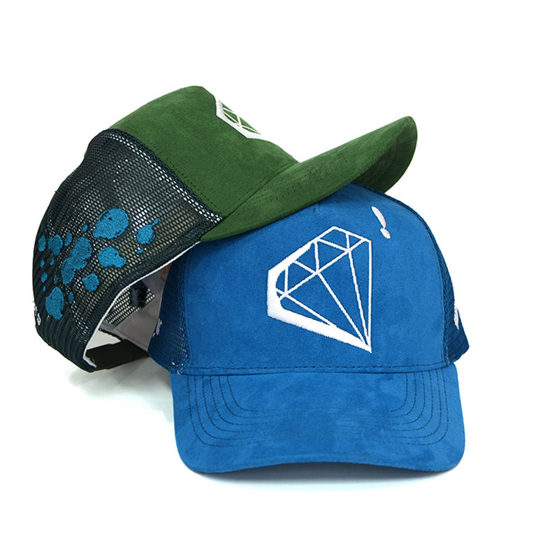 Two-Tone Suede Trucker Hat with Diamond Logo Embroidery