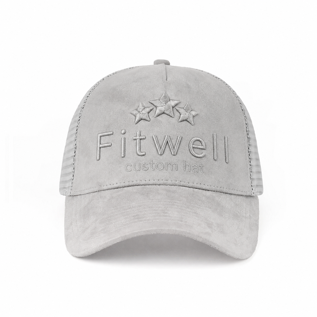 Gray Suede Three-Star Tonal Embroidered 5-Panel Trucker Hat
