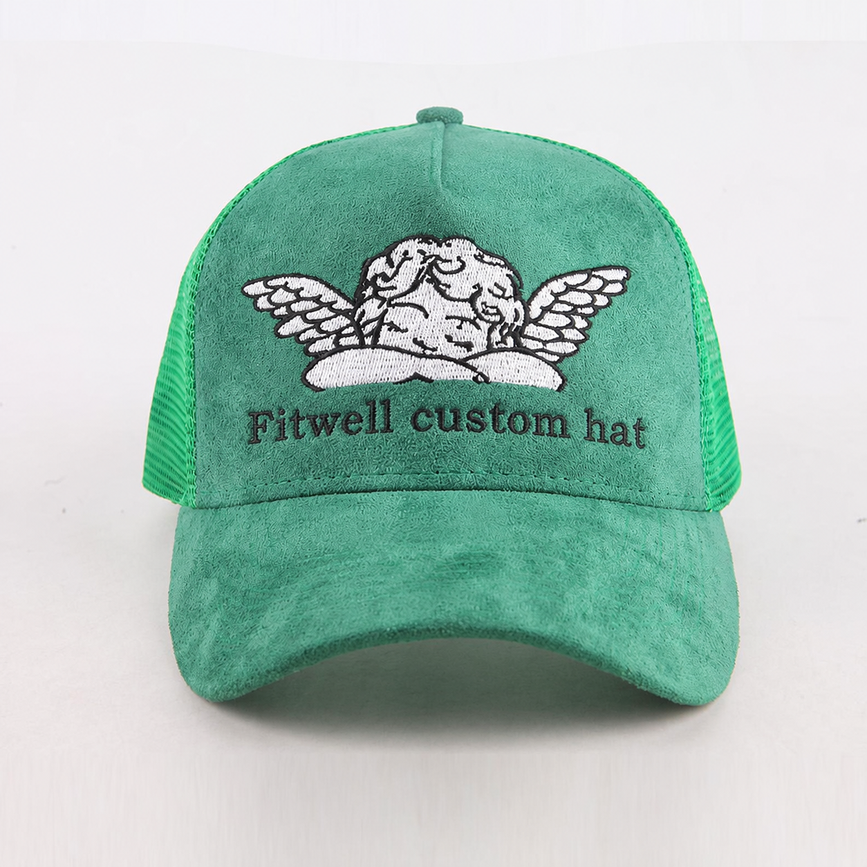 Emerald Green Suede Mesh Trucker Cap with Cherub Embroidery