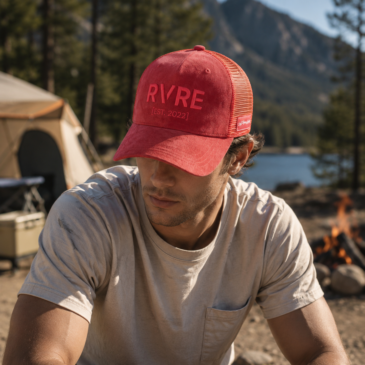 Red Orange RVRE Embroidered Suede Mesh Trucker Cap