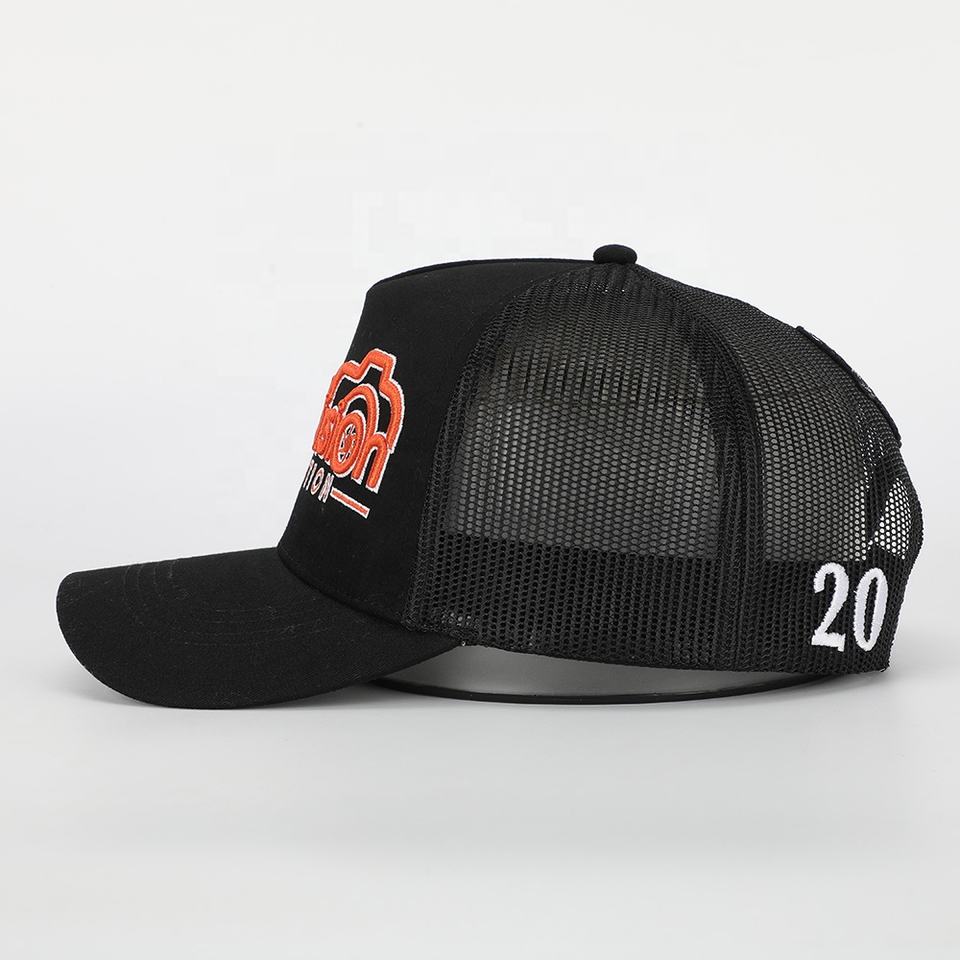 Black Mesh Trucker Cap with Orange Camera Logo Embroidery
