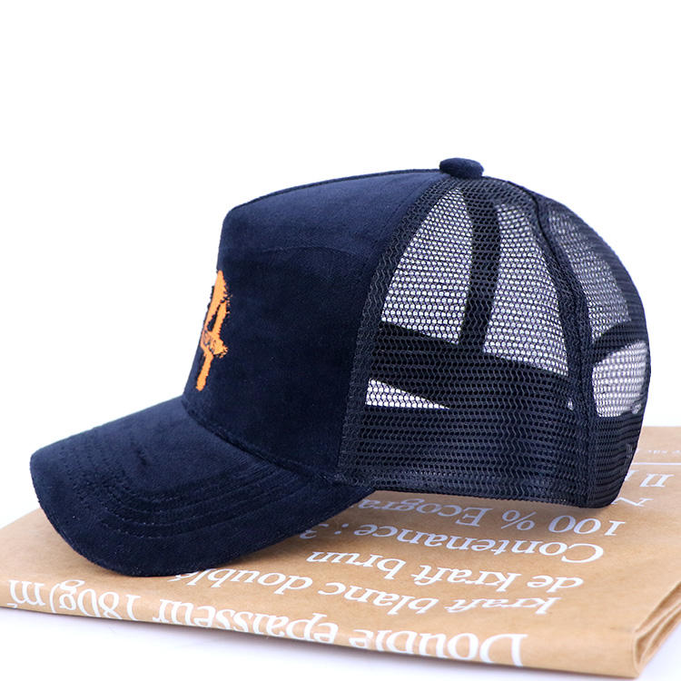Navy Suede Mesh Trucker Cap with Orange Embroidered Graphic
