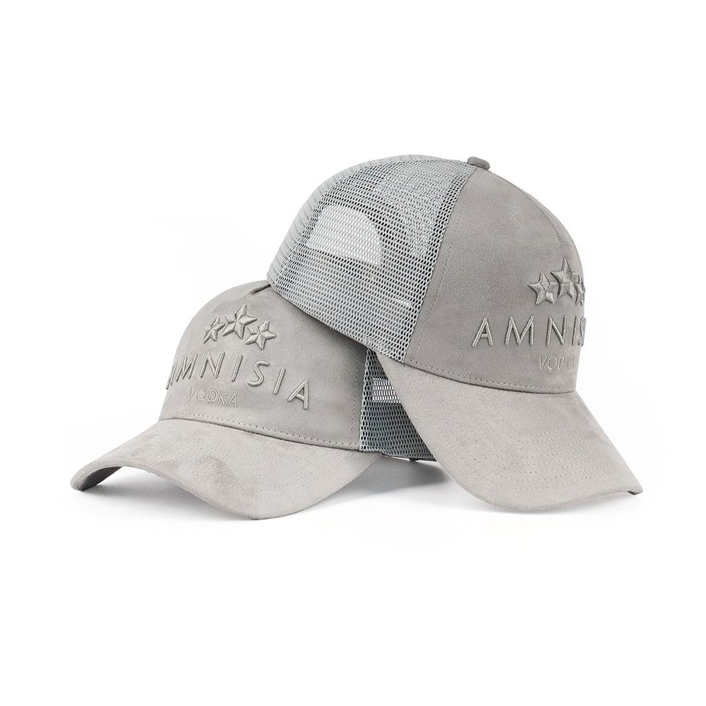 Gray Suede Three-Star Tonal Embroidered 5-Panel Trucker Hat
