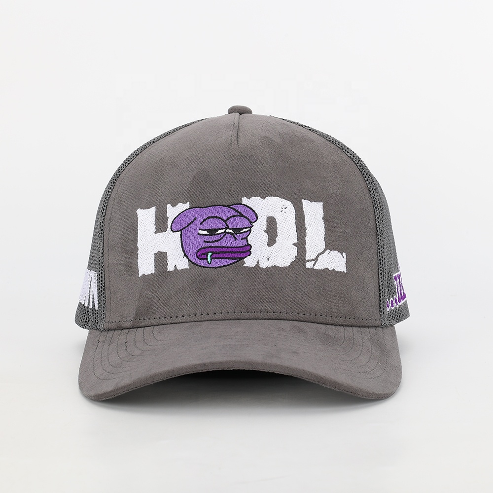 Gray HODL Cartoon Embroidered Suede Mesh Trucker Cap