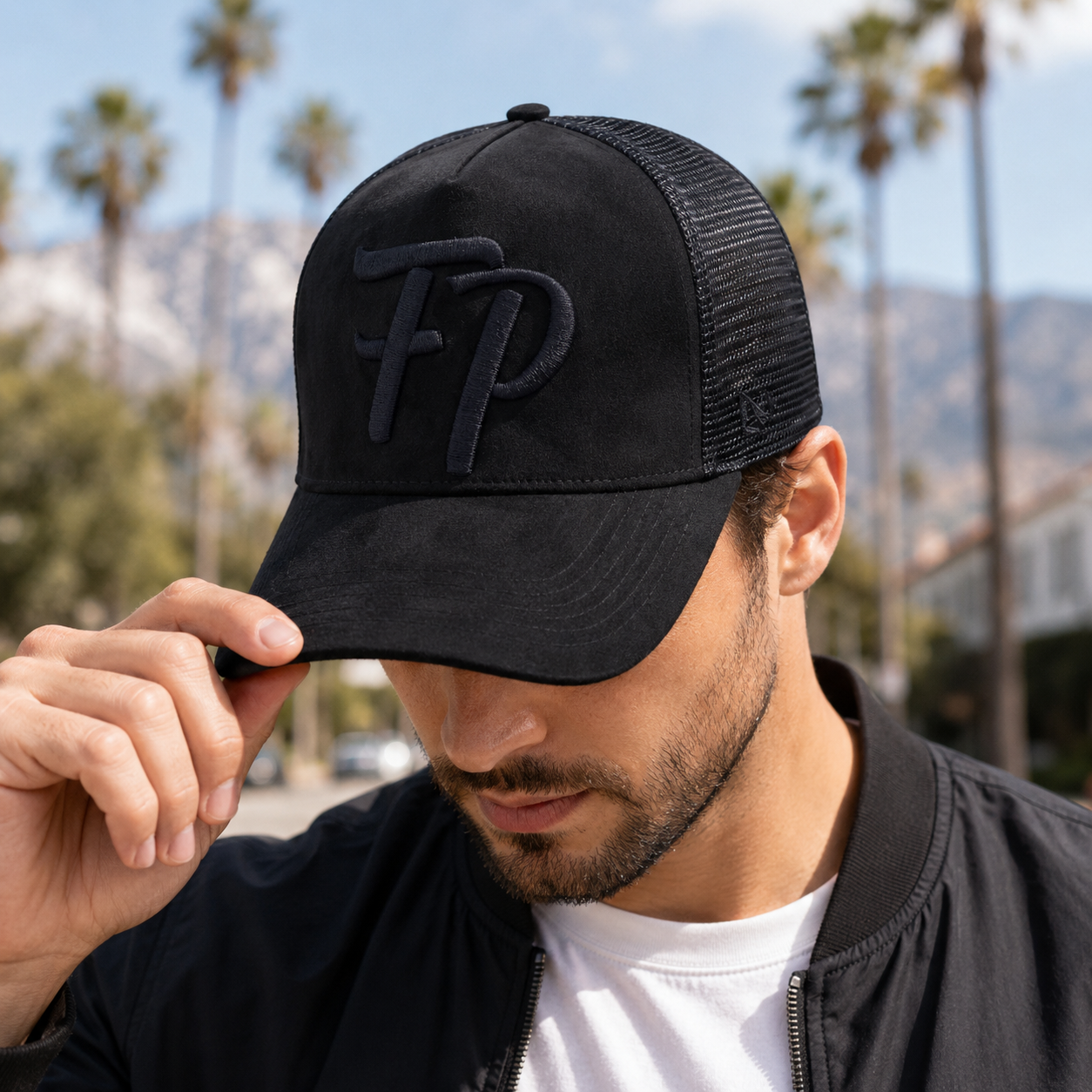 Black Tonal FP Embroidered Suede Mesh Trucker Hat