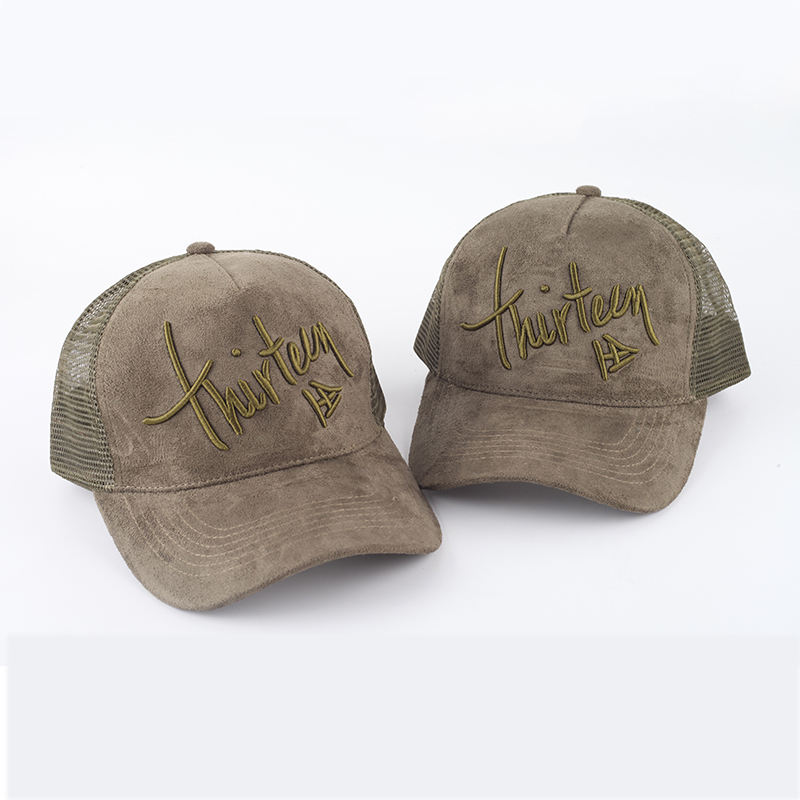 Thirty Script Logo Suede Mesh Trucker Cap with Tonal Embroidery, Curved Brim and Breathable Back – Turquoise Charcoal Burgundy