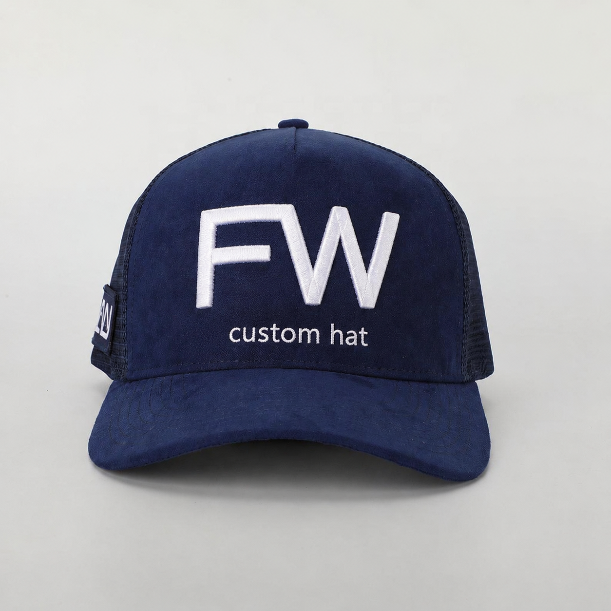 Navy Suede Mesh Embroidered Trucker Hat