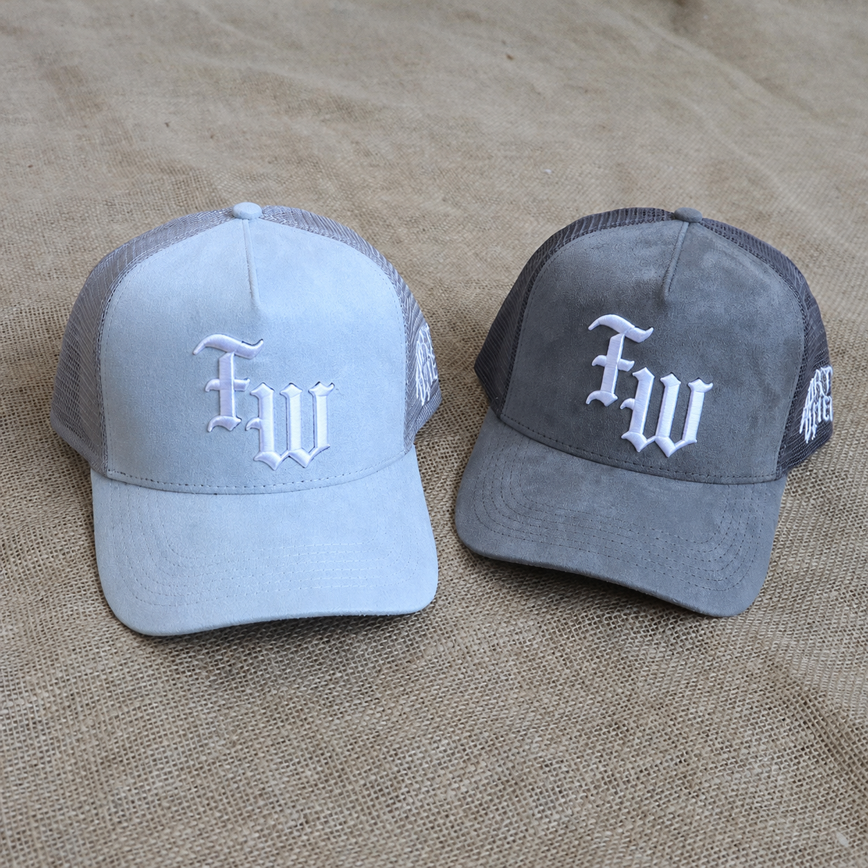 Two Tone Suede Trucker Hat with Embroidered Logo 5 Panel Mesh Back Baseball Cap