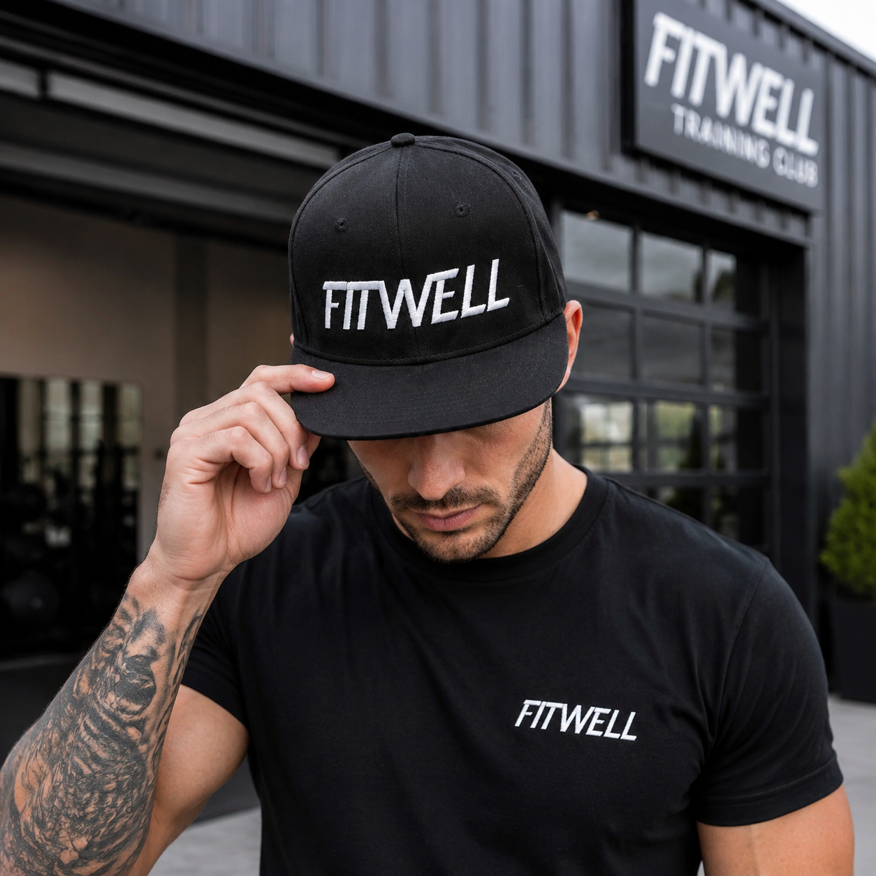 Black Flat Brim Snapback Cap with Embroidered Logo