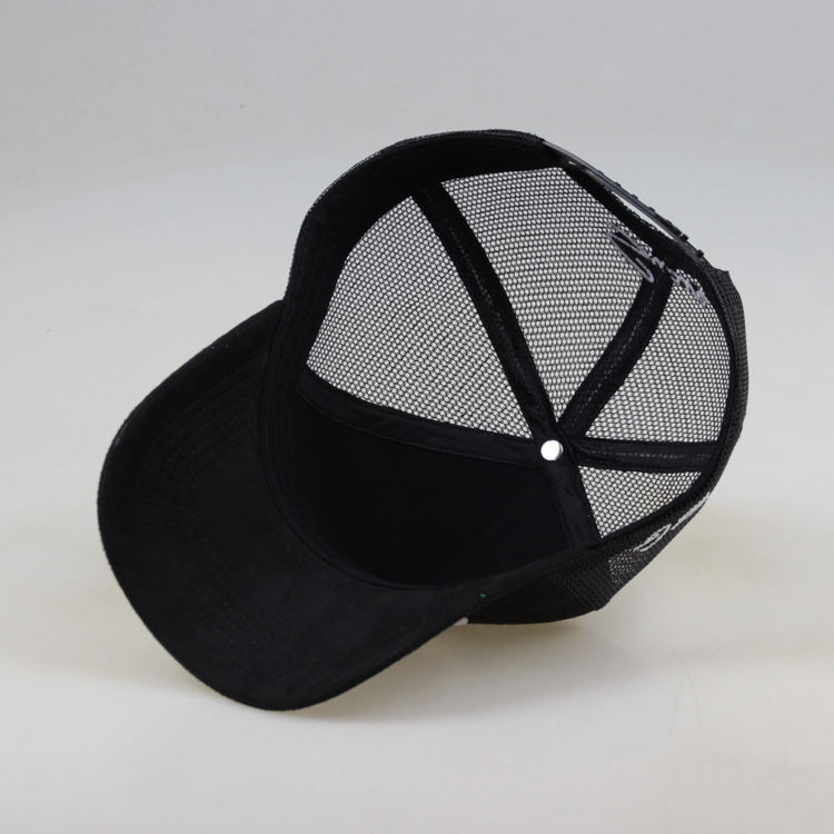 Black Suede Mesh Trucker Cap with White Embroidery Logo