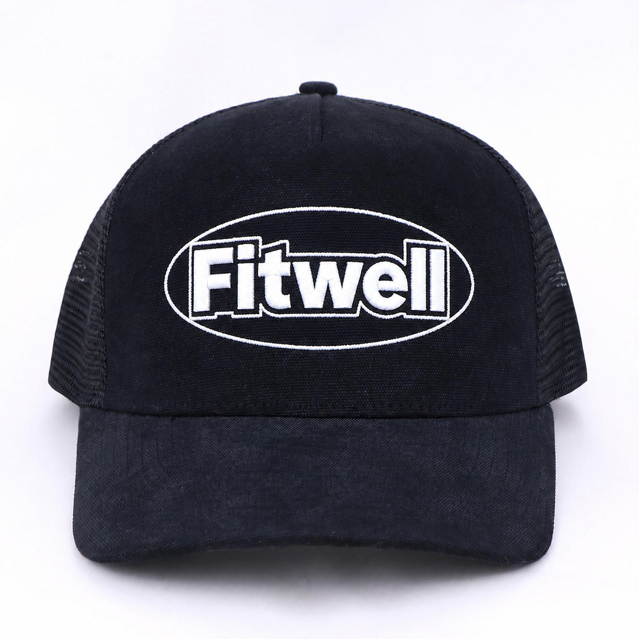 Black Oval Letter Embroidered Suede Mesh Trucker Cap