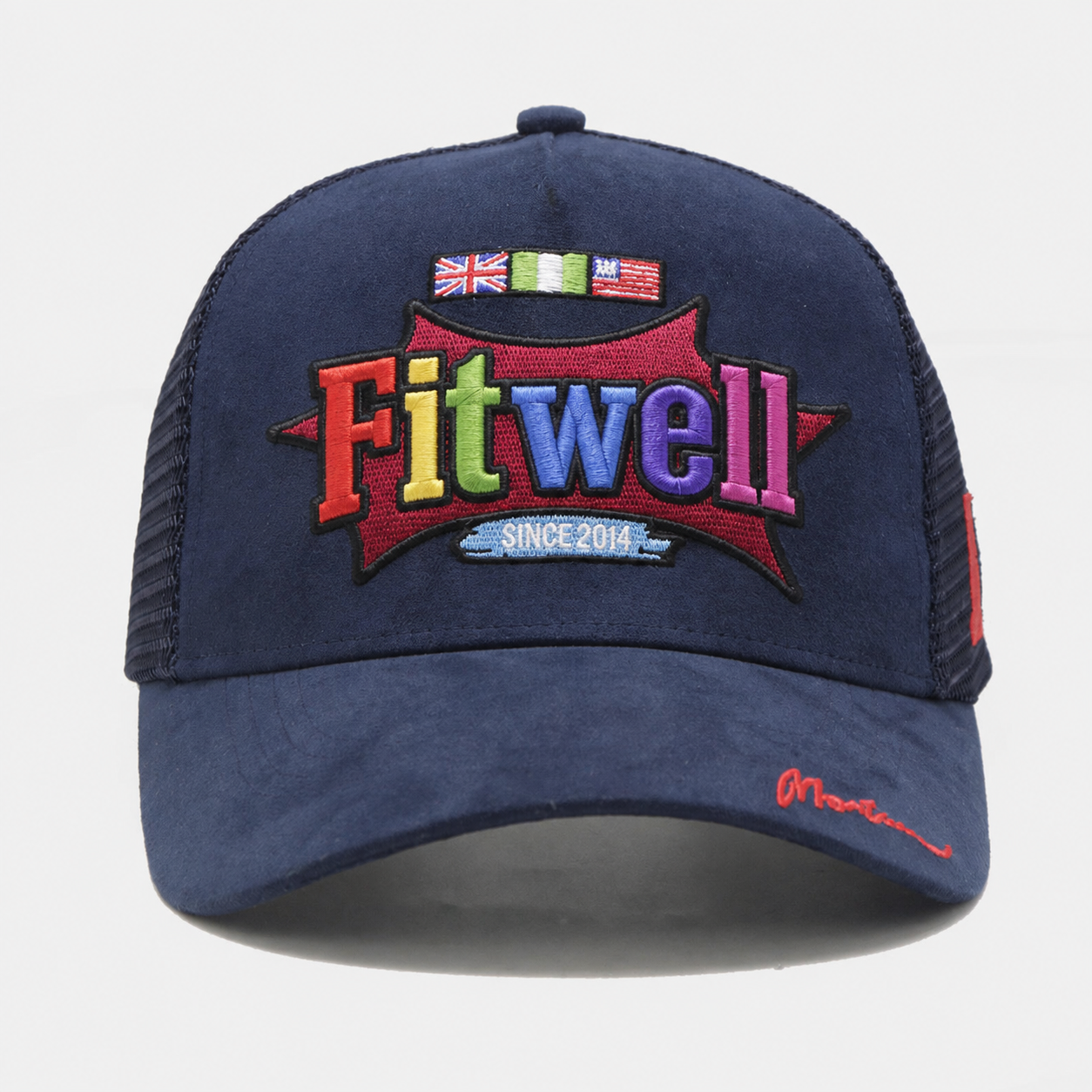 Navy and White Multicolor Logo Embroidered Suede Trucker Hat