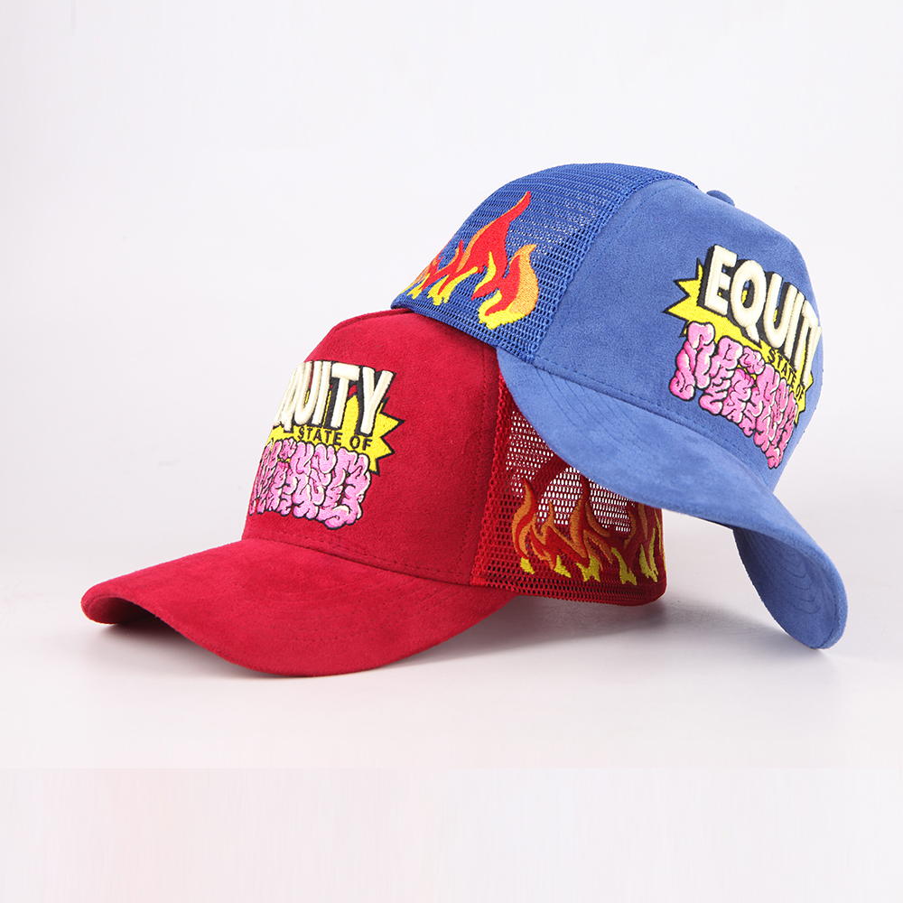 Red and Blue Suede-Style 5-Panel Mesh Trucker Caps with Raised Front Graphic Embroidery, Flame Side Detail and Curved Brim