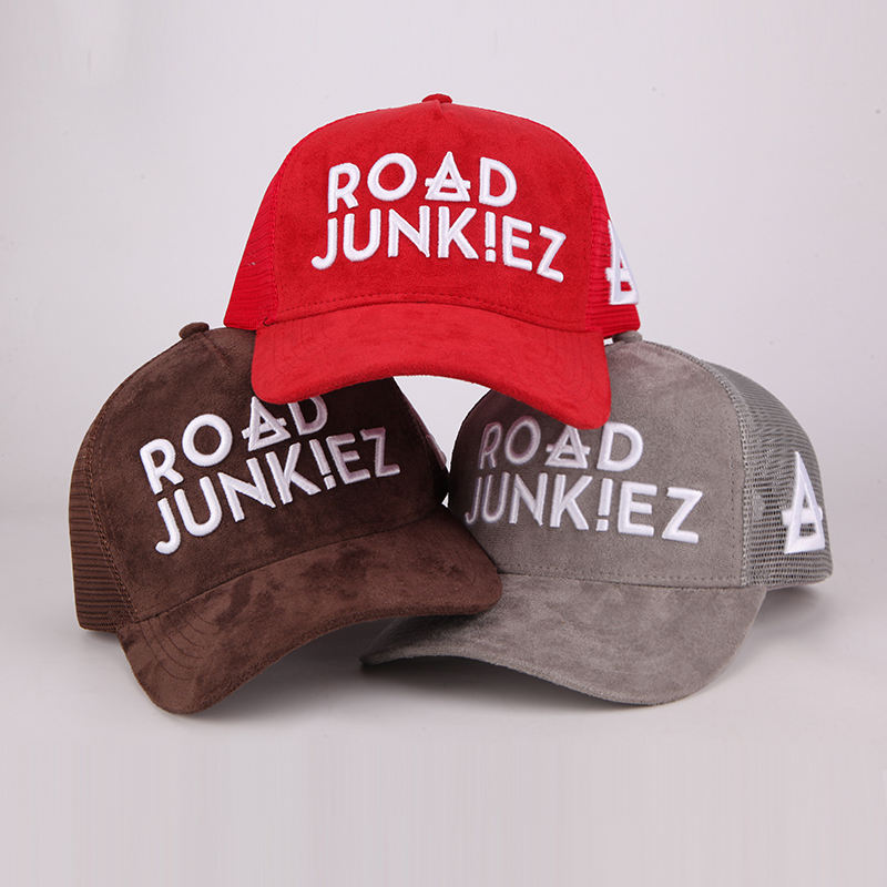 Suede Mesh Trucker Hat with Raised Road Junkiez Embroidery