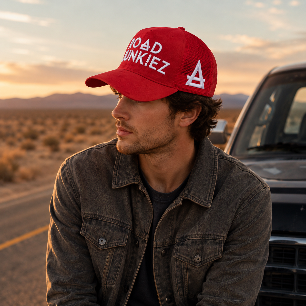 Suede Mesh Trucker Hat with Raised Road Junkiez Embroidery