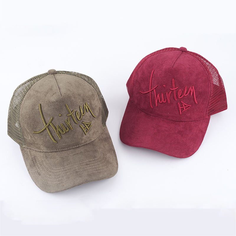 Thirty Script Logo Suede Mesh Trucker Cap with Tonal Embroidery, Curved Brim and Breathable Back – Turquoise Charcoal Burgundy