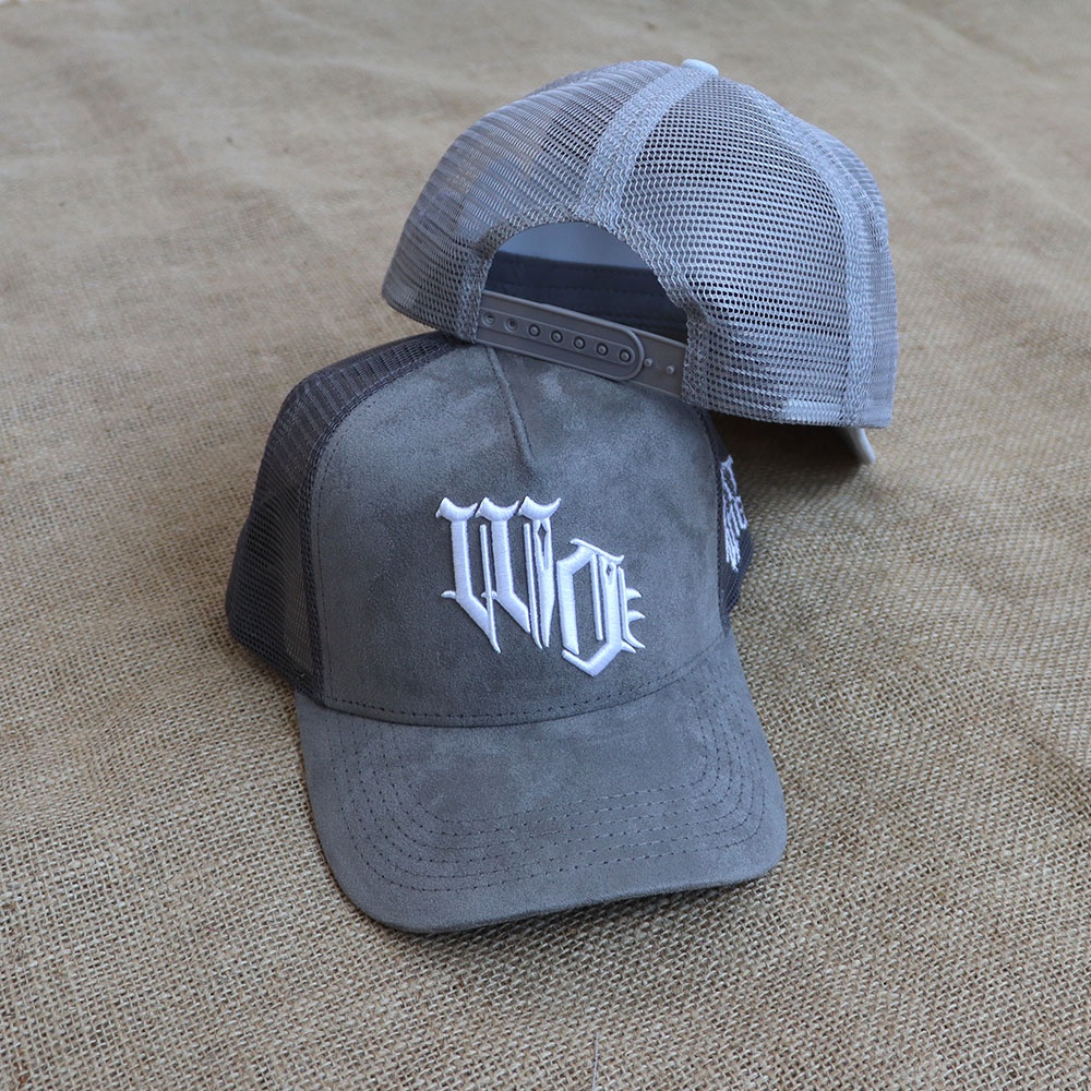 Two Tone Suede Trucker Hat with Embroidered Logo 5 Panel Mesh Back Baseball Cap