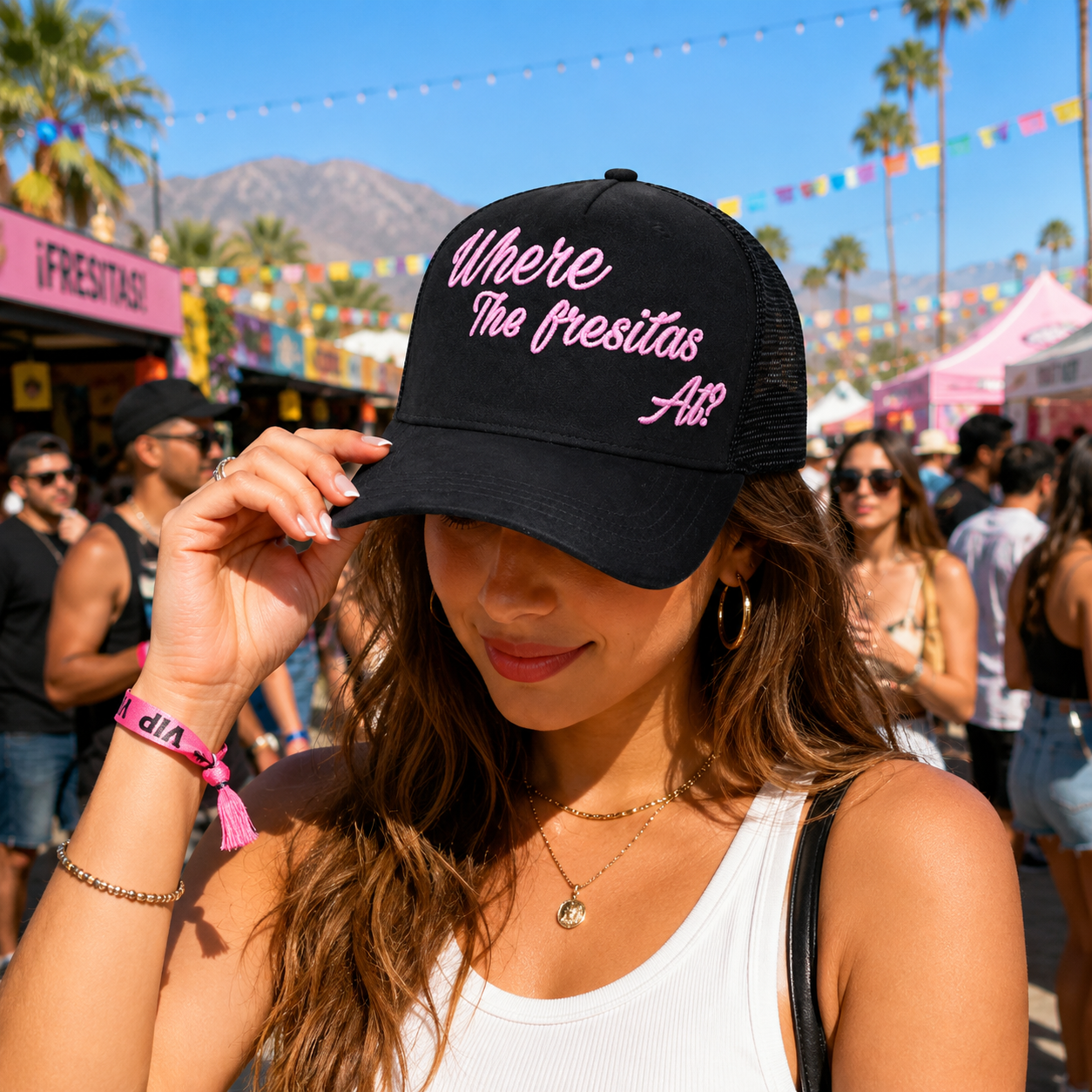 Black Suede Mesh Trucker Cap with Pink Script Embroidery