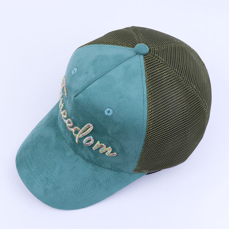 Mint Green Suede Style 5 Panel Trucker Hat with Script Embroidery Logo and Mesh Back Panels