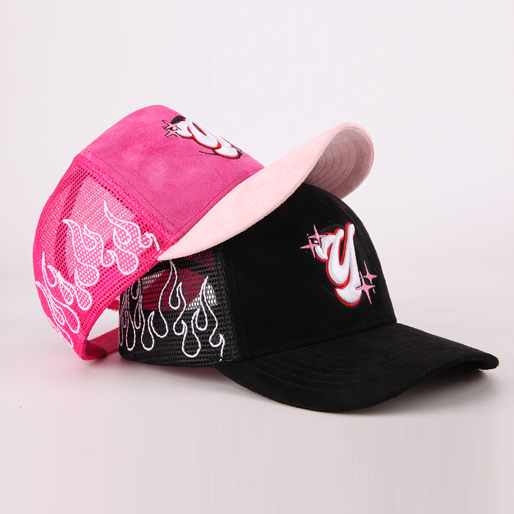 Vintage Suede Mesh Trucker Cap with Embroidered Graphic Logo and Adjustable Snapback
