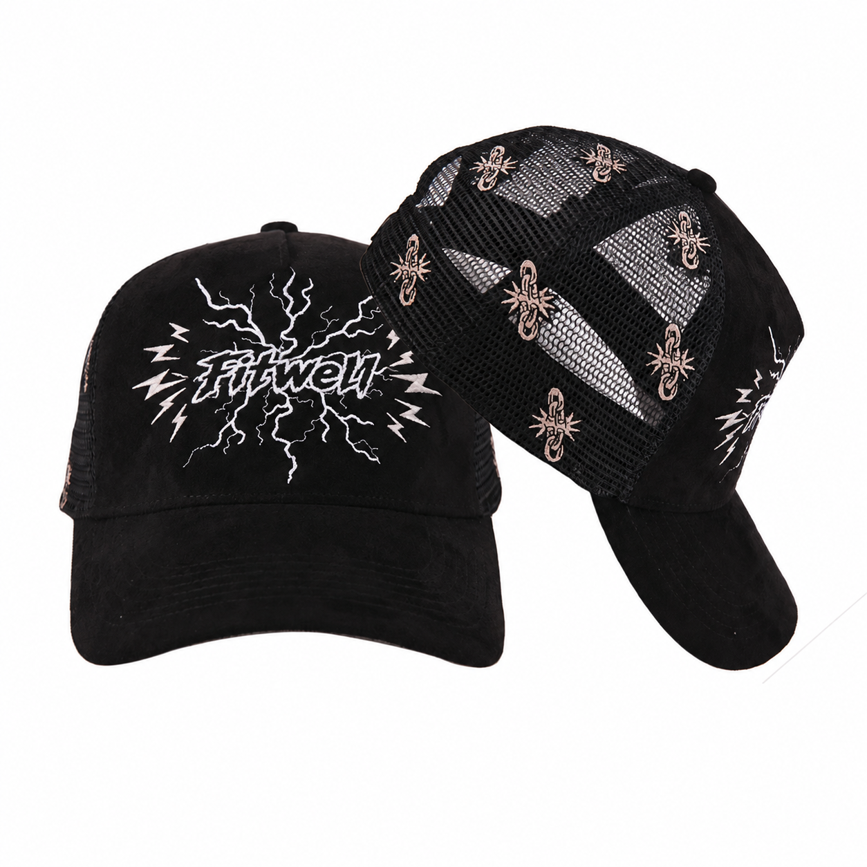 Black Mesh Back Trucker Hat with Embroidered Lightning Graphic Design
