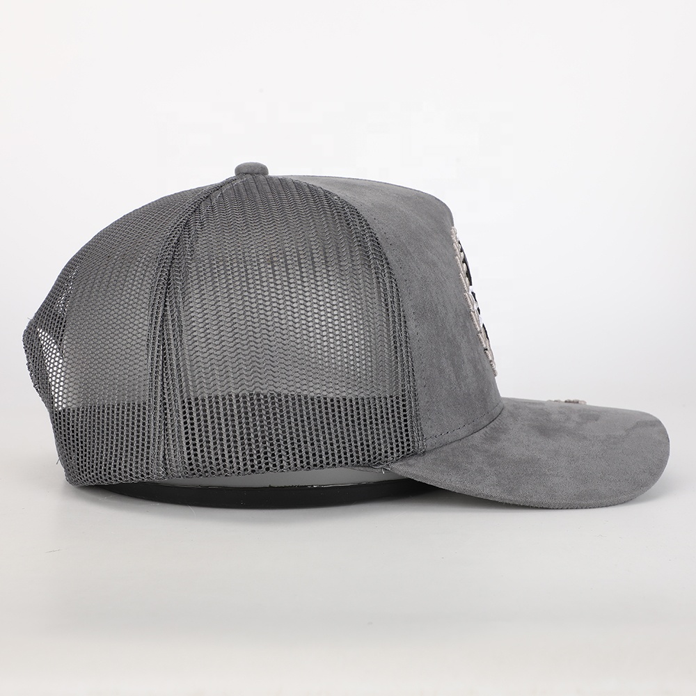 Grey Suede Mesh Trucker Cap with Cross Laurel Embroidery – Vintage Street Hat