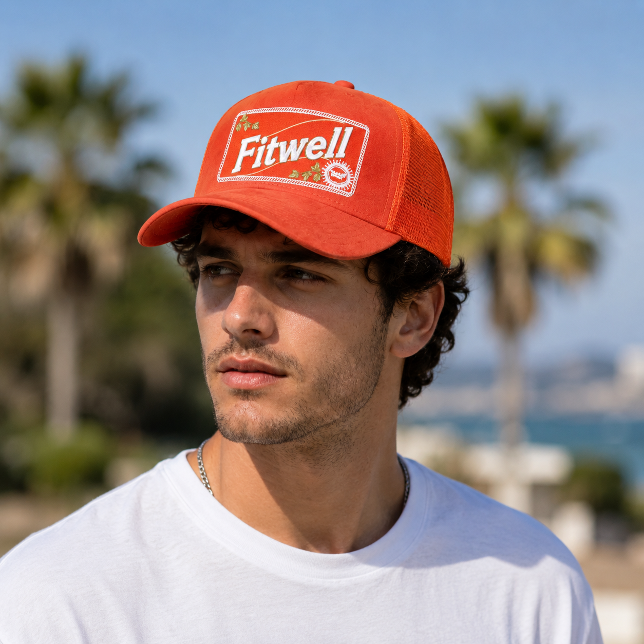 Orange Suede Mesh Trucker Hat with Embroidered Front Patch