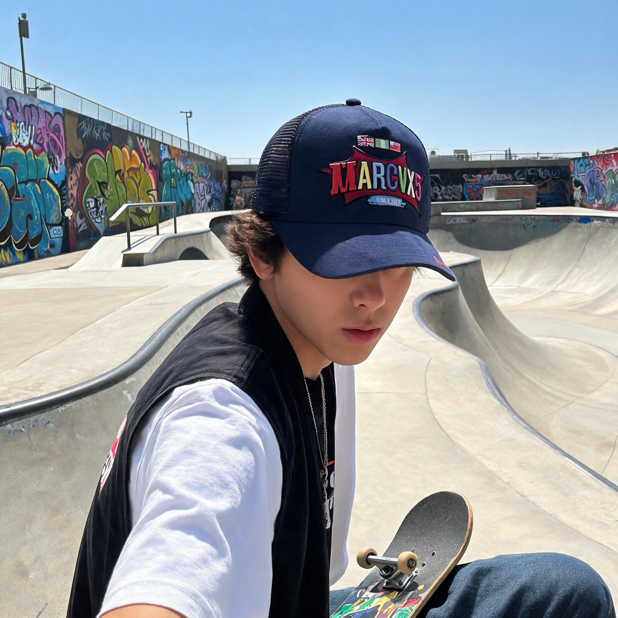 Navy and White Multicolor Logo Embroidered Suede Trucker Hat
