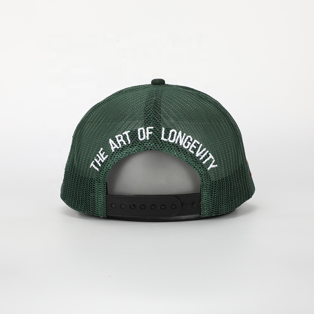 Dark Green Suede Mesh Trucker Cap with White Raised Embroidery