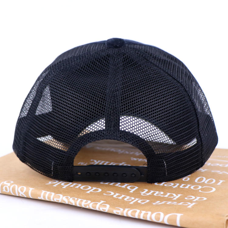 Navy Suede Mesh Trucker Cap with Orange Embroidered Graphic