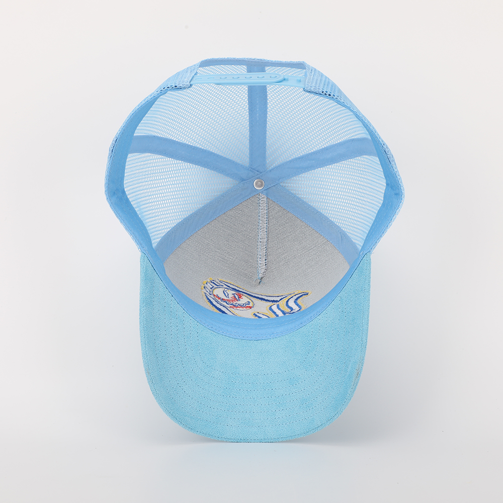 Light Blue Suede Mesh Trucker Cap with Baseball Graphic Embroidery