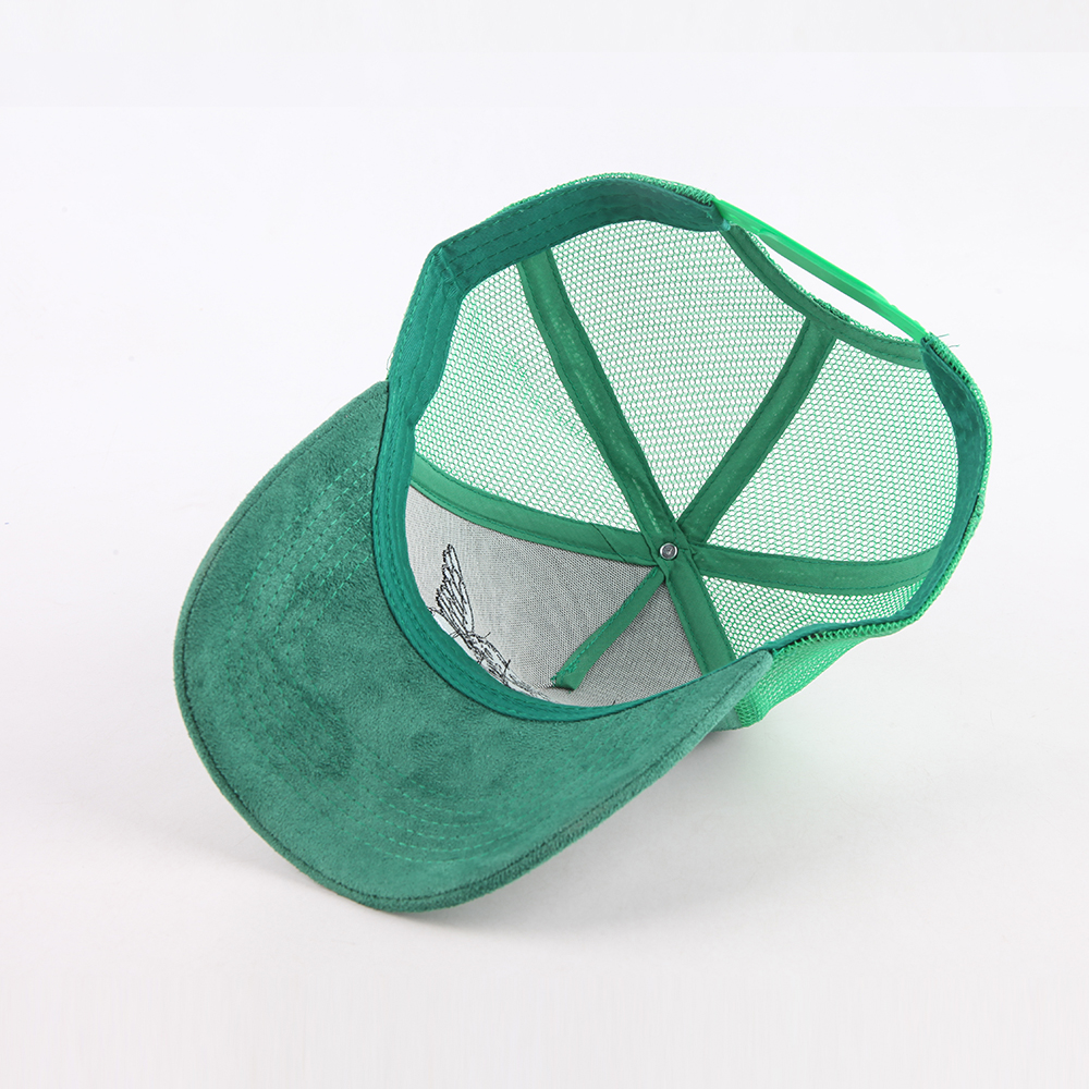 Emerald Green Suede Mesh Trucker Cap with Cherub Embroidery