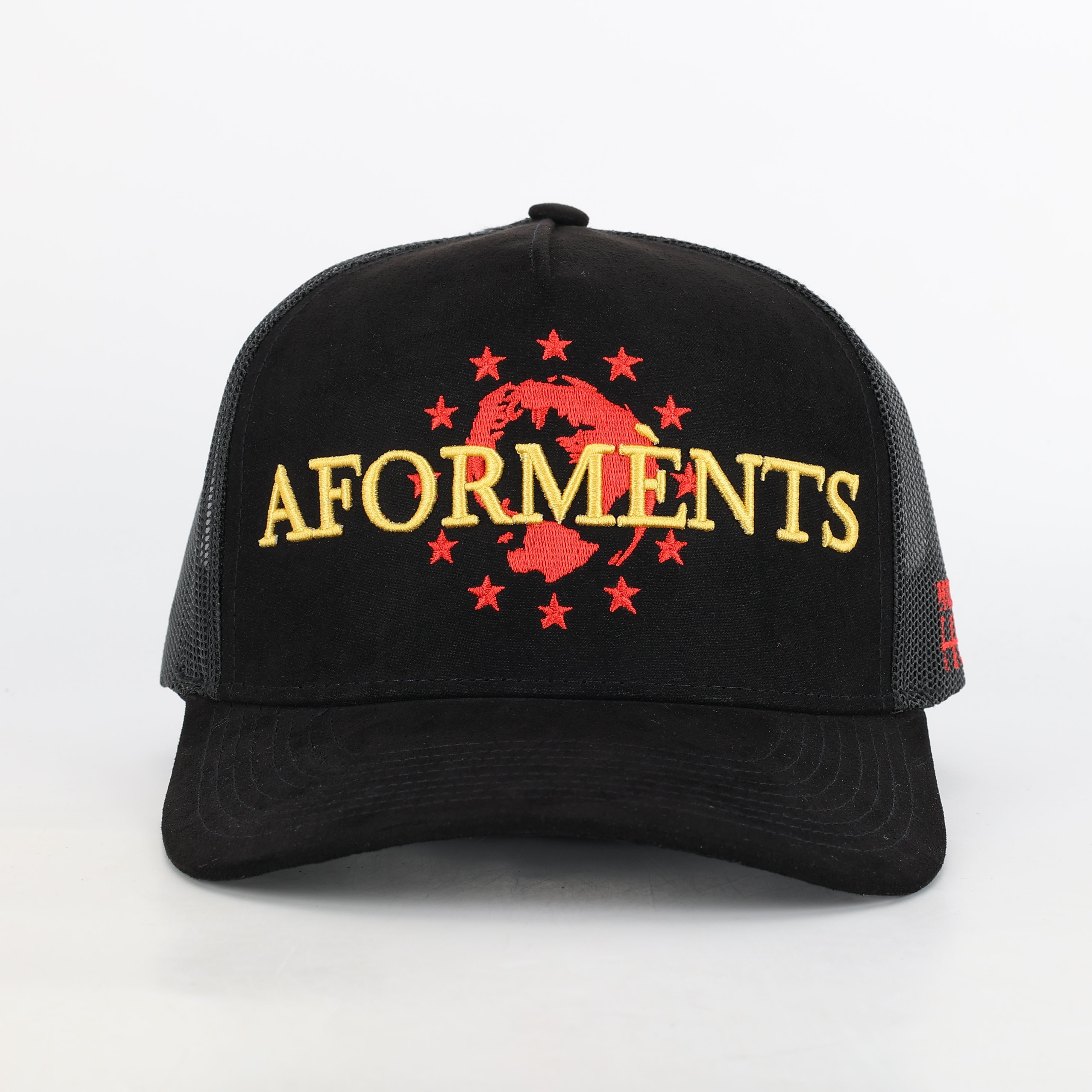 Black Suede Mesh Embroidered Trucker Hat