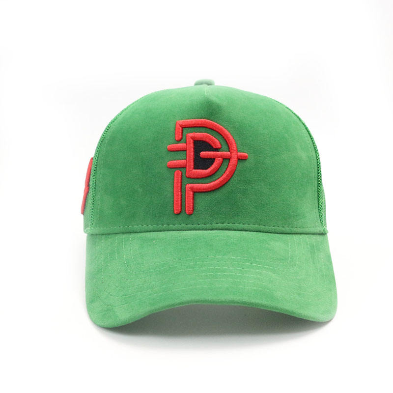 Green Suede 5 Panel Trucker Cap with Raised Red Embroidered Logo
