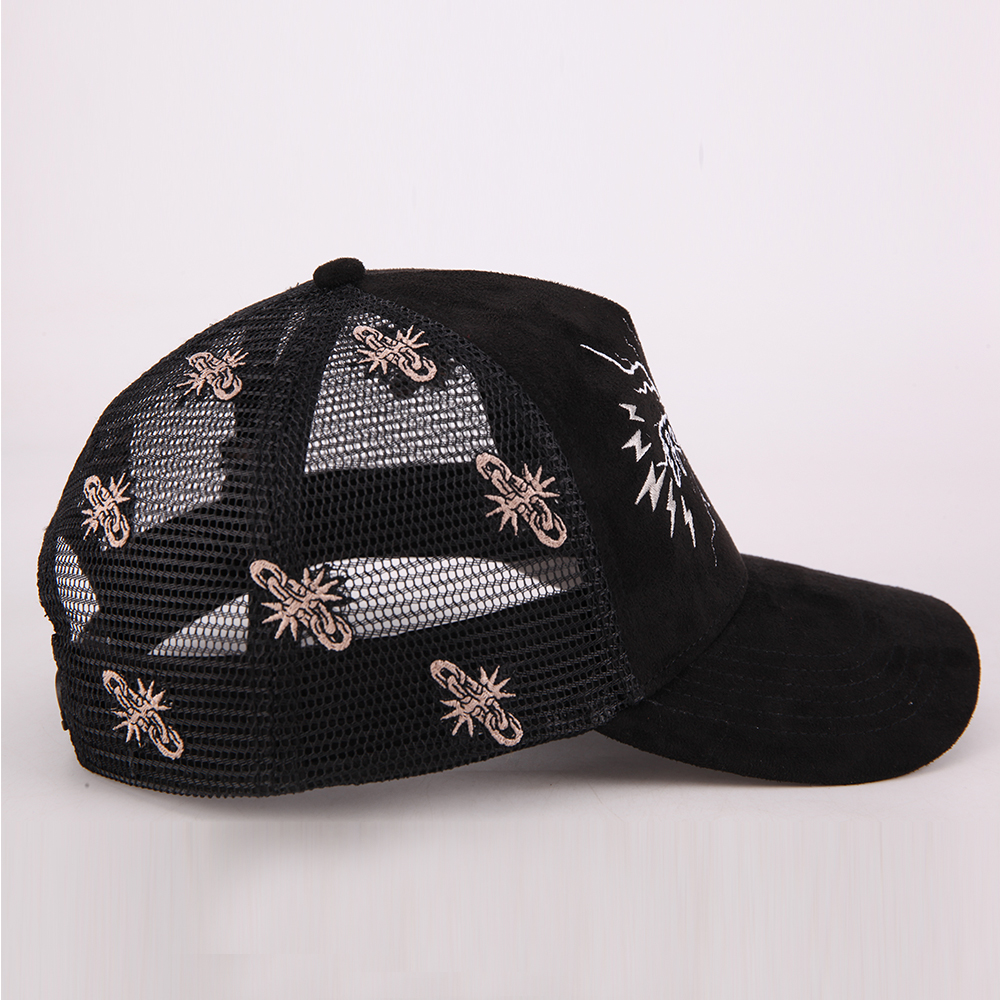 Black Mesh Back Trucker Hat with Embroidered Lightning Graphic Design