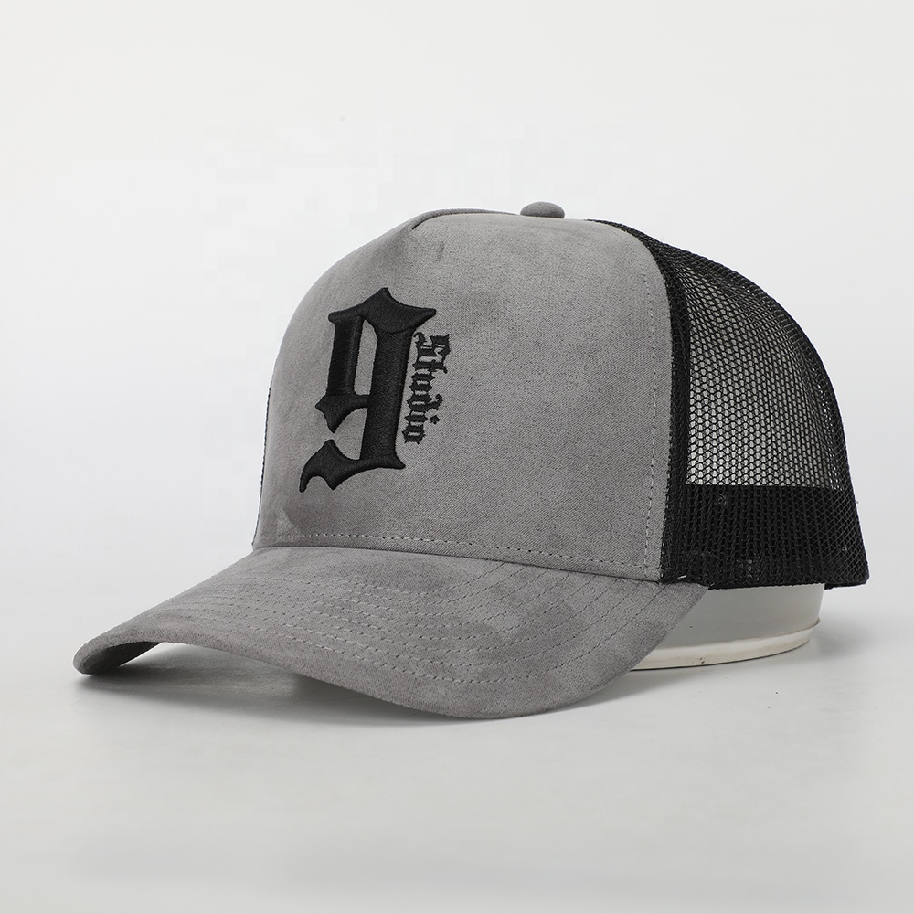 Gray Suede Mesh Trucker Cap with Black Gothic Letter Embroidery