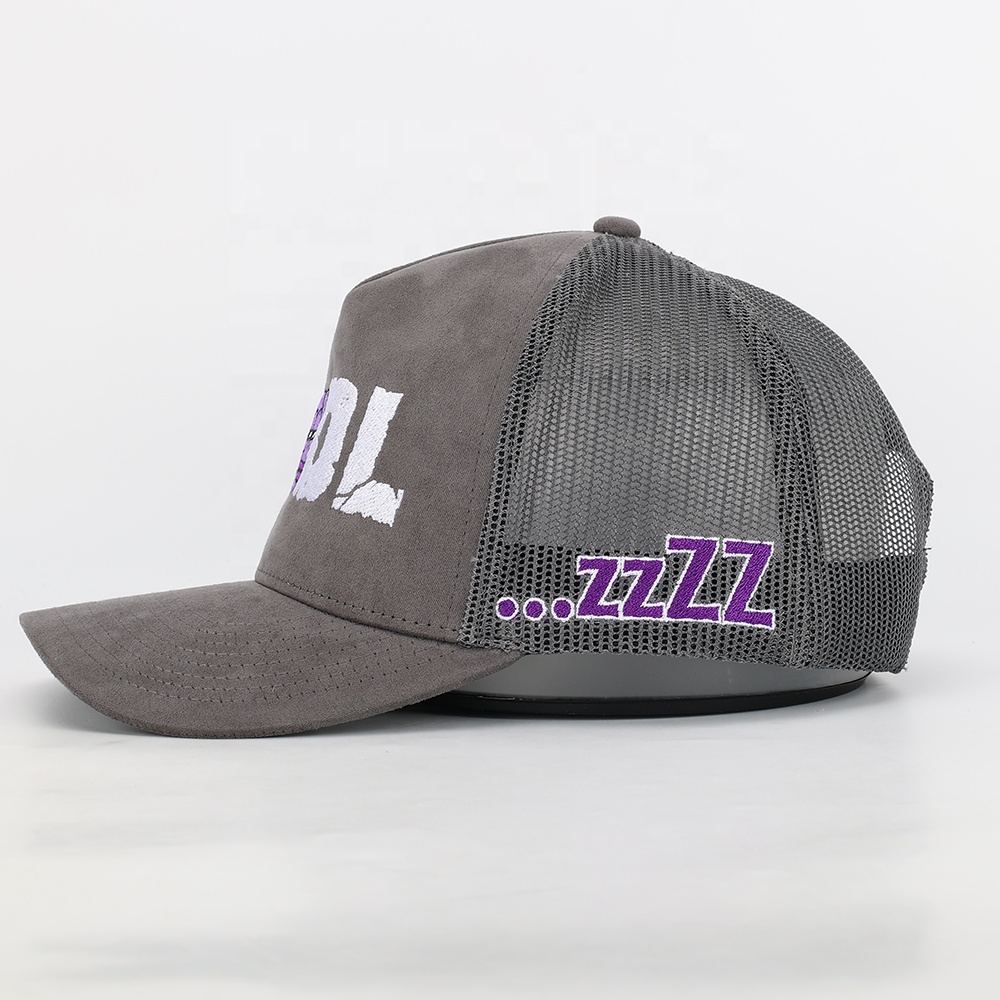 Gray HODL Cartoon Embroidered Suede Mesh Trucker Cap
