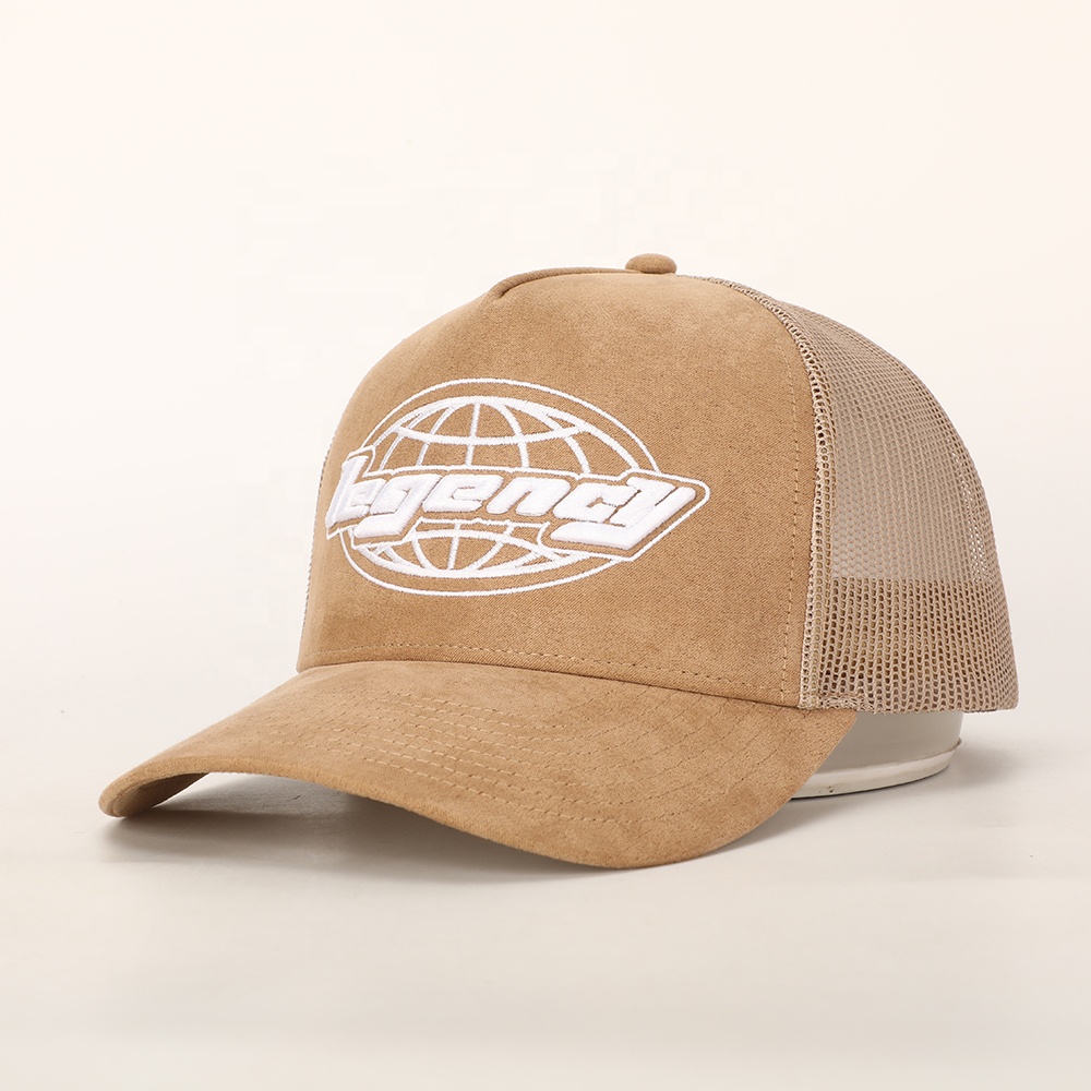 Vintage Khaki Suede Mesh Trucker Cap with White Embroidered Logo and Adjustable Snapback Closure
