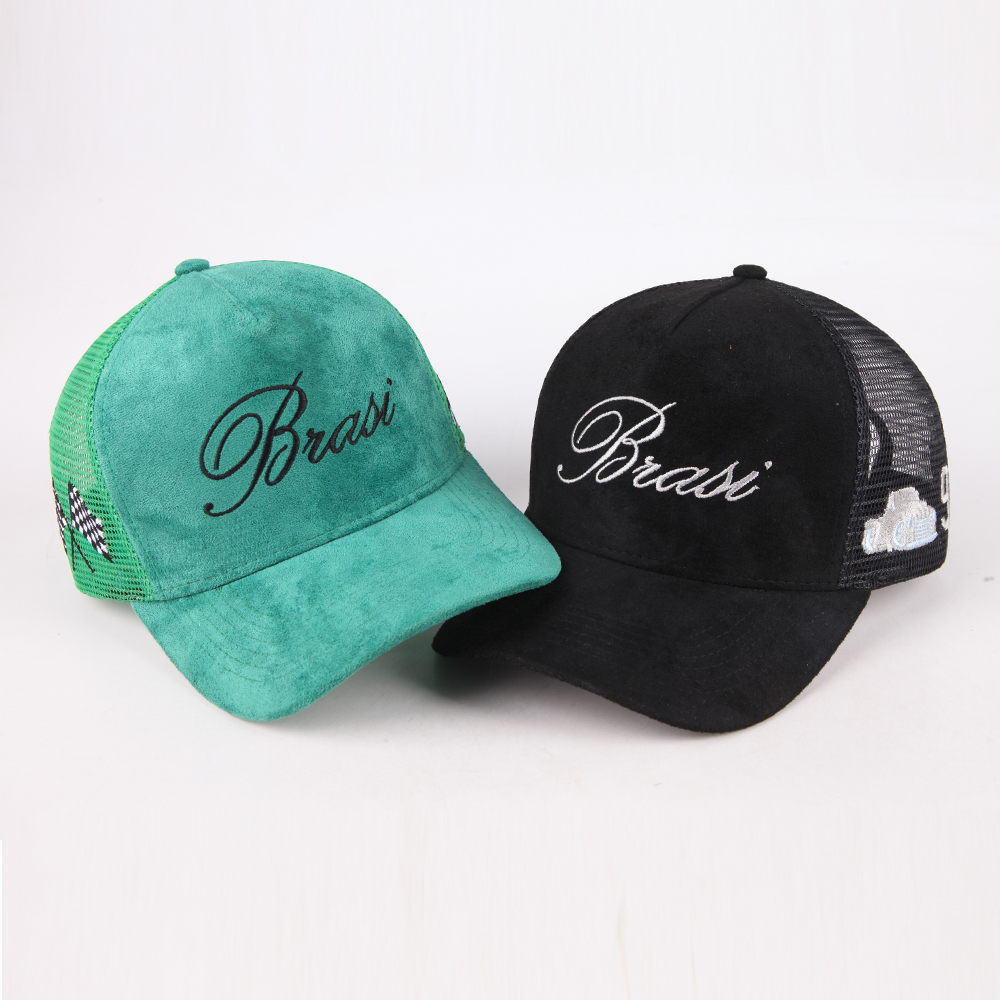 Vintage Mesh Trucker Hat with Suede Front Panel and Embroidered Script Logo