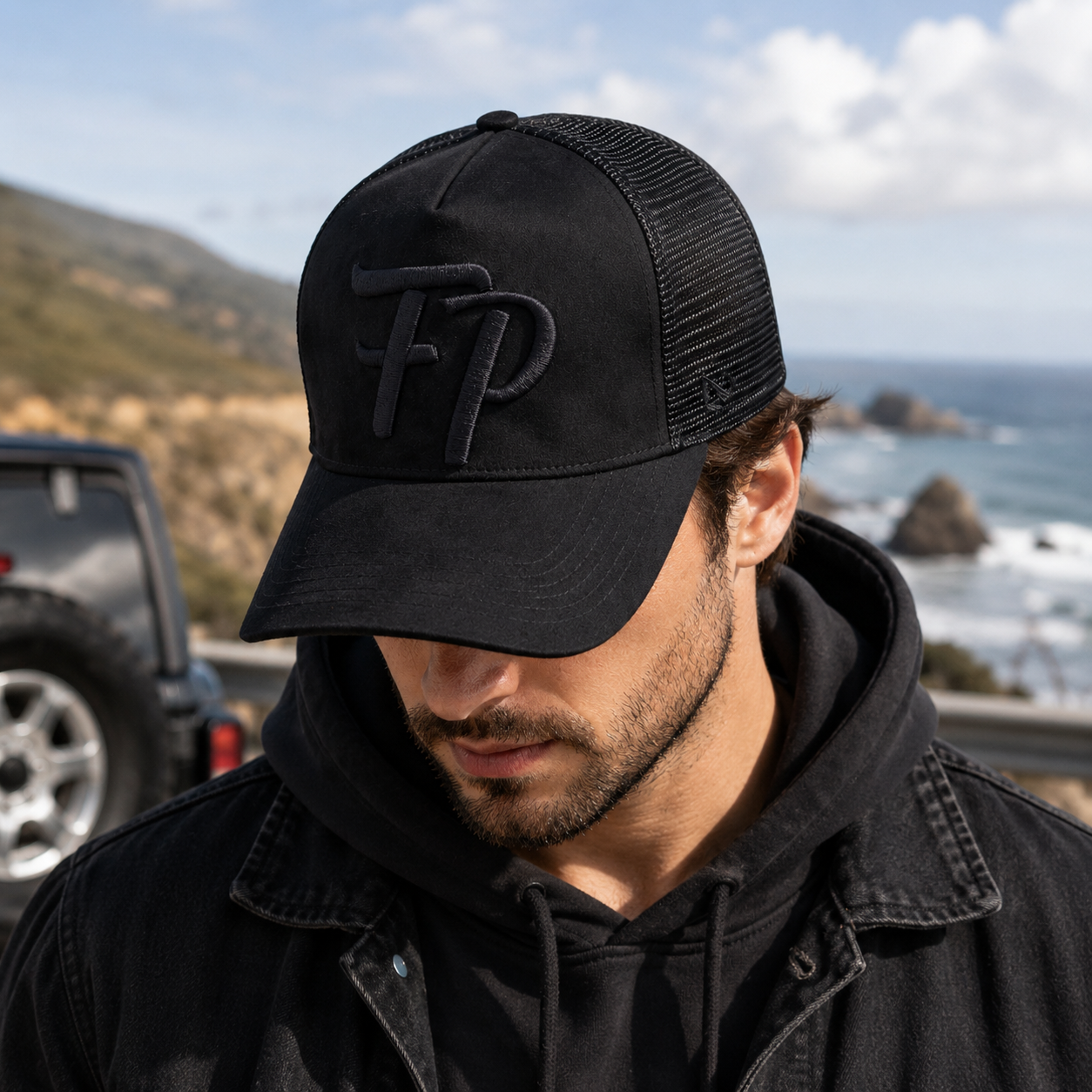 Black Tonal FP Embroidered Suede Mesh Trucker Hat