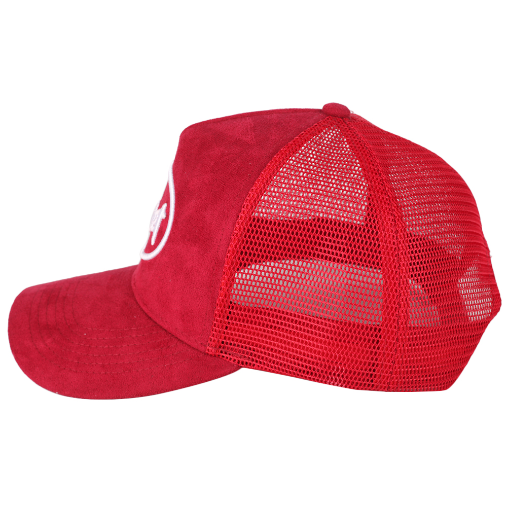 Red Suede Trucker Hat with White Embroidered Logo and Mesh Back Panel