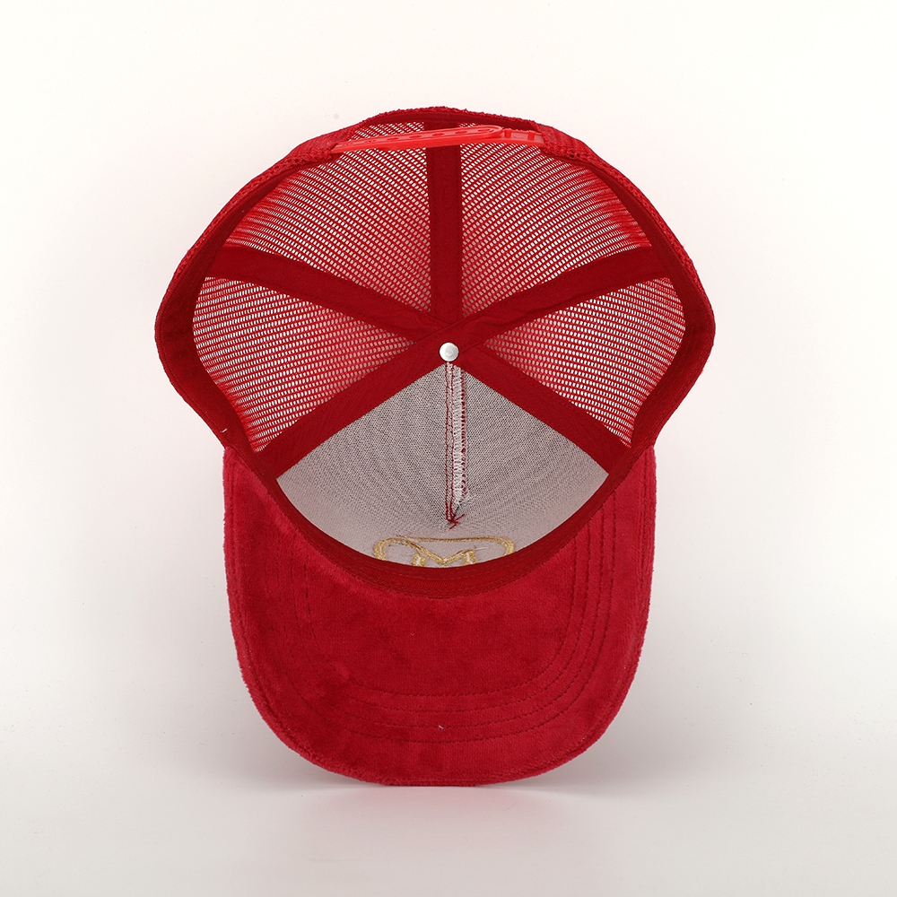 Red Suede Mesh Trucker Cap with Gold Embroidered Logo