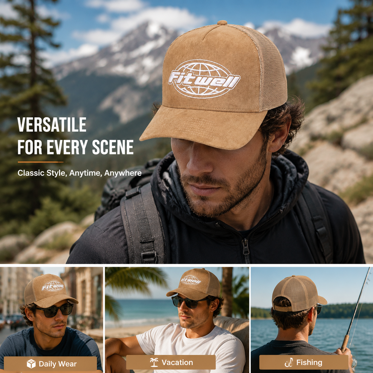 Vintage Khaki Suede Mesh Trucker Cap with White Embroidered Logo and Adjustable Snapback Closure
