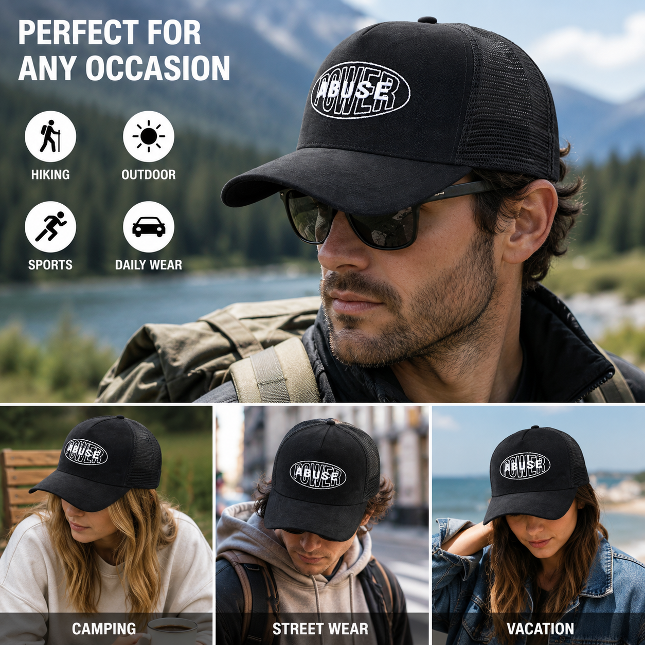Black Oval Letter Embroidered Suede Mesh Trucker Cap