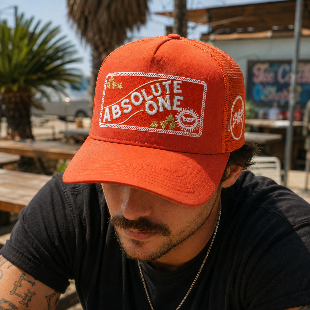 Burnt Orange 5-Panel Suede Trucker Hat with Absolute One Embroidery