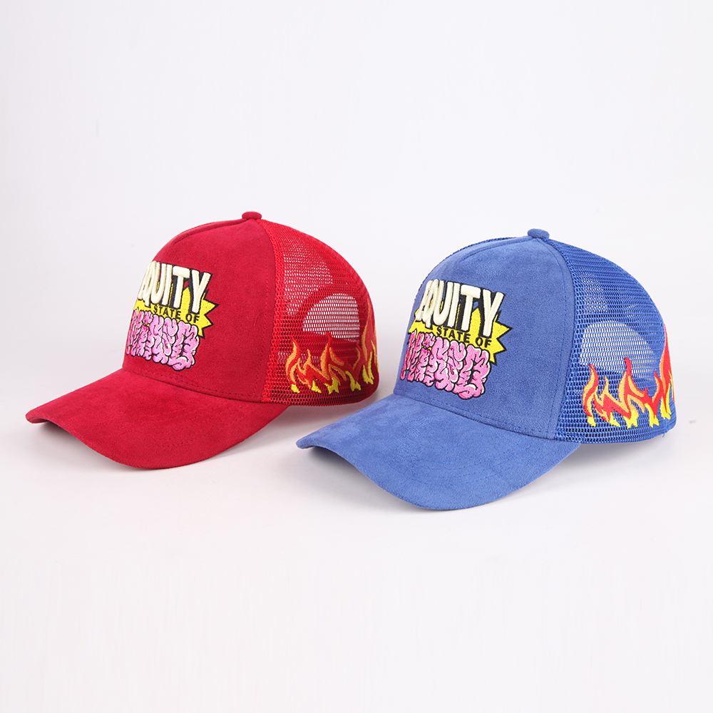 Red and Blue Suede-Style 5-Panel Mesh Trucker Caps with Raised Front Graphic Embroidery, Flame Side Detail and Curved Brim