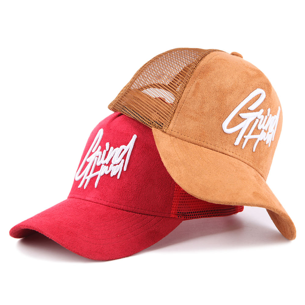 Premium Suede Trucker Cap with Embroidered Script Logo, Mesh Back Panels and Curved Brim – Unisex 5-Panel Casual Hat