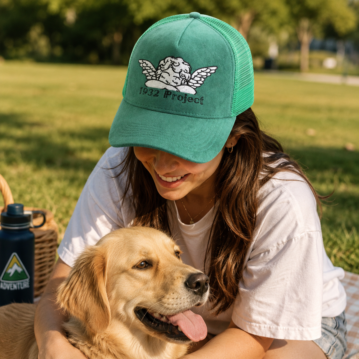 Emerald Green Suede Mesh Trucker Cap with Cherub Embroidery